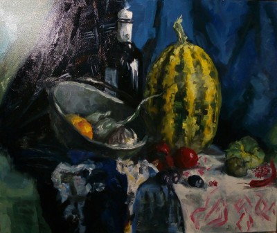 Still life with wine and watermelon
