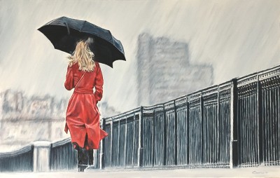 Дівчина під парасолькою у червоному плащу
