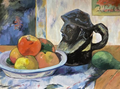 Still life with apples, pears and portrait mug