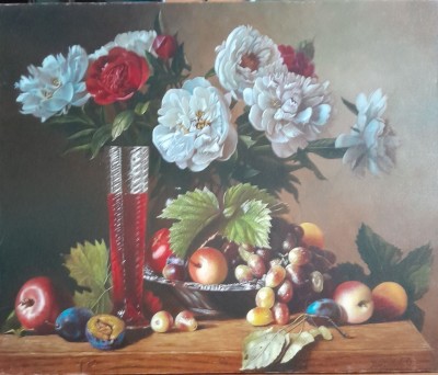 Still life with peonies, wine and fruit