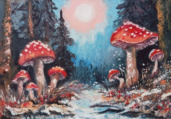 Мухомори в зимовому лісі