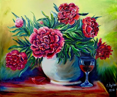 Still Life with Peonies and Wine