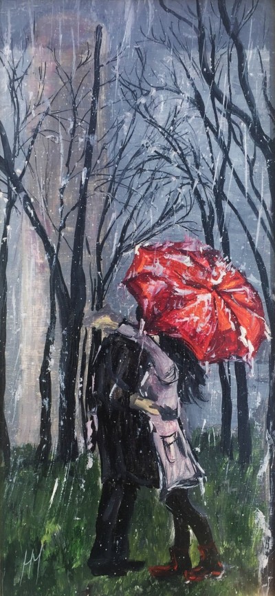 Картина в парке под одним зонтом