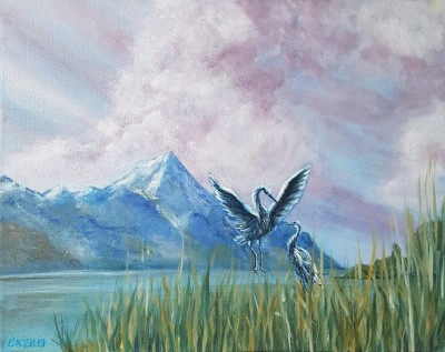 Mountain lake with birds