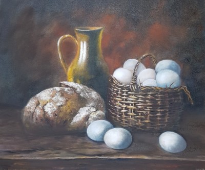 Pastoral still life with bread and basket