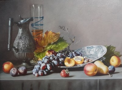Still life with blue jug and fruit