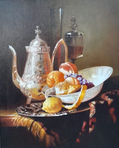 Still life with a silver teapot and fruit